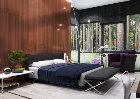 Luxurious modern bedroom with floor-to-ceiling windows, wood paneling, and contemporary furnishings.