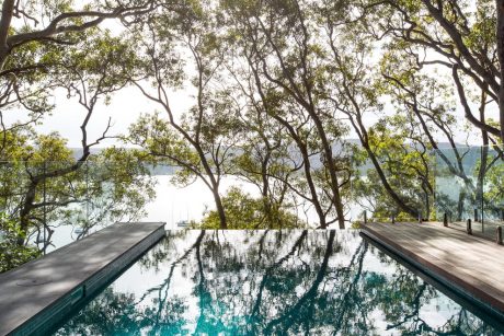 Tranquil pool amidst lush trees, surrounded by a wooden deck and glass walls, creating a serene oasis.