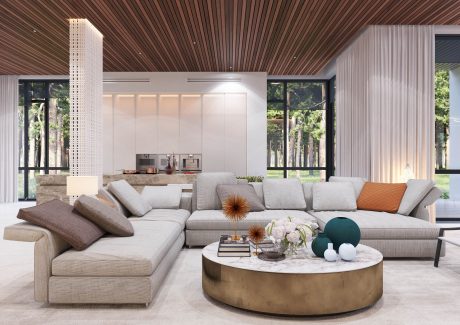Luxurious modern living room with sleek wood paneling, expansive glass walls, and a marble coffee table.