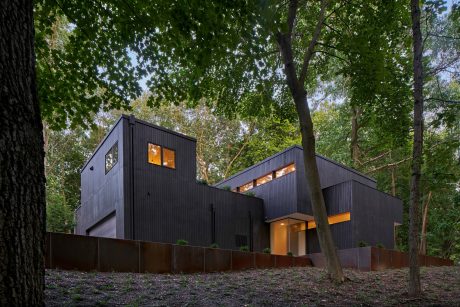 Modern black wood and glass house nestled in lush forested setting.