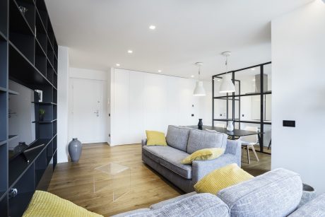Minimalist living room with sleek gray sofas, wooden floors, and open shelving.
