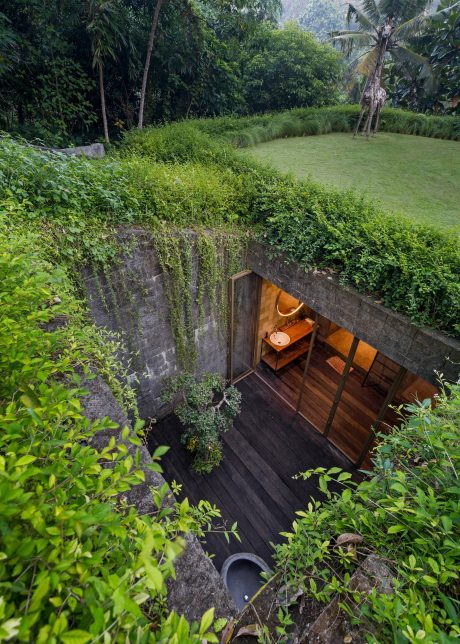 Secluded wooden structure nestled in lush, verdant greenery with a cozy interior.