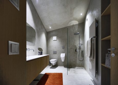Sleek bathroom design with concrete walls, glass shower, and minimalist vanity.