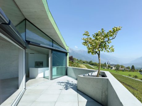 Modern architecture with glass walls, concrete planter, and scenic mountain views.