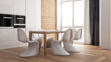 Sleek, modern kitchen with minimalist wood and white furniture, large windows, and hardwood floors.