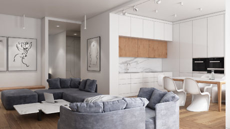 Spacious, modern living room with marble-like kitchen, stylish furniture, and abstract wall art.