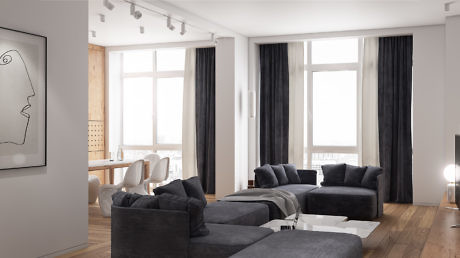 Spacious and bright living room with minimalist design, large windows, and dark gray sofas.