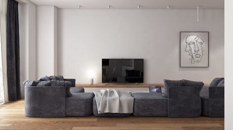 Minimalist living room design with gray sofas, wooden TV stand, and abstract artwork.