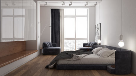 Elegant modern bedroom with stylish lighting, large windows, and minimal furniture.