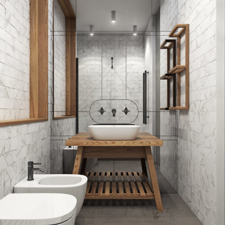 Modern bathroom with marble walls, wooden vanity, and a freestanding vessel sink.