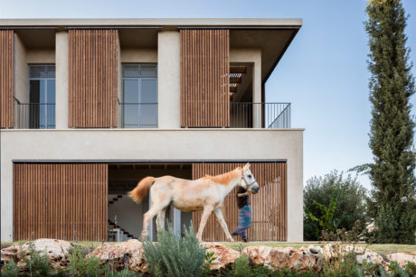 A modern, wood-clad building with balconies and a horse in the foreground, set against a lush landscape.