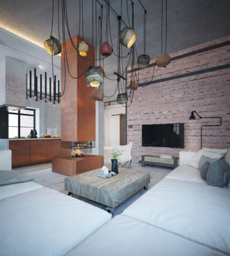 A modern living room with hanging pendant lamps, brick walls, and a wooden coffee table.