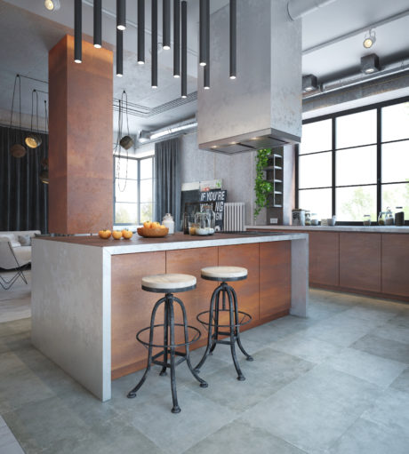 A modern kitchen featuring a sleek gray color scheme, pendant lighting, and a wooden island with black metal barstools.