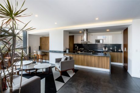 Sleek, modern kitchen and living area with wooden cabinetry, black accents, and plush seating.