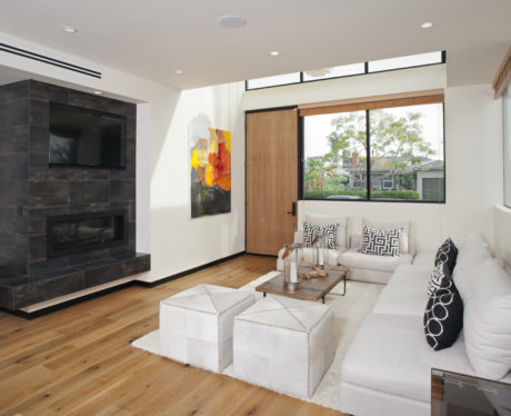 Spacious living room with modern fireplace, large windows, and coordinated furnishings.