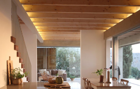 Modern, wooden-beamed ceiling with bright lighting; large windows overlooking lush greenery.