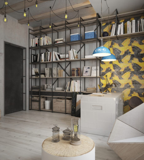 A modern, industrial-inspired interior features a metal bookshelf, textured walls, and unique lighting.