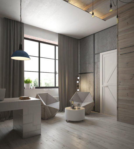 A contemporary studio with geometric furniture, industrial lighting, and textured walls.