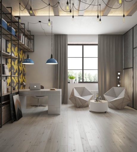 Sleek, minimalist workspace with industrial-style lighting, geometric furniture, and built-in shelving.