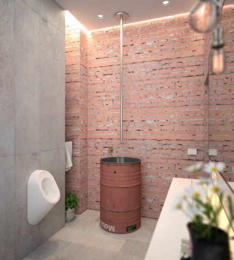 A modern bathroom with exposed brick walls, a metal drum basin, and minimalist fixtures.