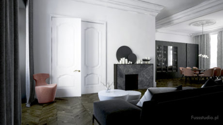A luxurious, monochromatic living room with ornate architectural details and sleek furnishings.