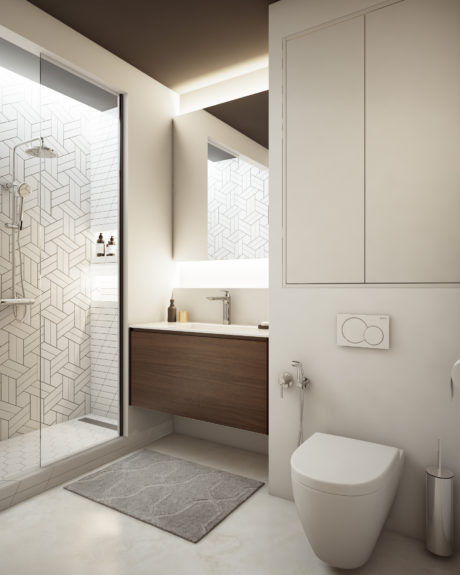 A modern bathroom design featuring minimalist cabinetry, geometric tile patterns, and a sleek shower enclosure.