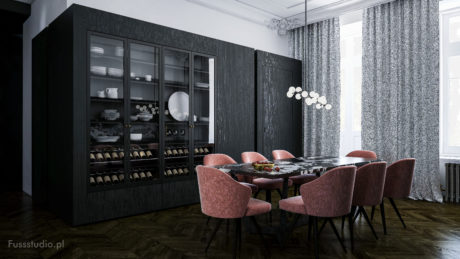 Elegant dining room with dark wood cabinetry, plush pink chairs, and a striking chandelier.