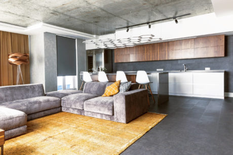 Modern, open-concept living space with plush gray sofas, wood-paneled cabinets, and sleek lighting.