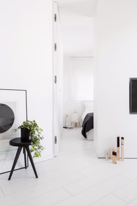 Minimalist interior with sleek white walls, black furniture, and potted plant accent.