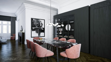 Sleek, modern dining room with black and white decor, glass table, and pink chairs.
