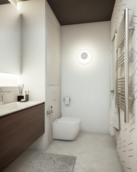 A modern, minimalist bathroom with clean lines, a vanity, and a sleek toilet.