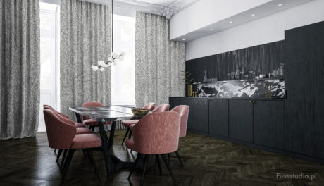 Elegant modern dining room with sleek black cabinetry, pink upholstered chairs, and decorative lighting.