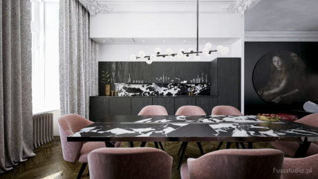 Elegant dining room with modern furniture, ornate architectural details, and striking artwork.