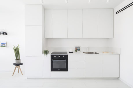Modern, minimalist kitchen with sleek white cabinetry, built-in oven, and potted plant.