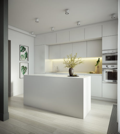 Modern, minimalist kitchen design with sleek white cabinetry, pendant lighting, and a decorative vase with flowers.