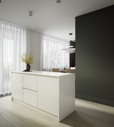 A modern, minimalist kitchen interior with sleek white cabinets, dark walls, and pendant lighting.