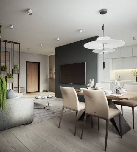 Modern open-plan living room with sleek furnishings, TV wall, and stylish pendant lights.