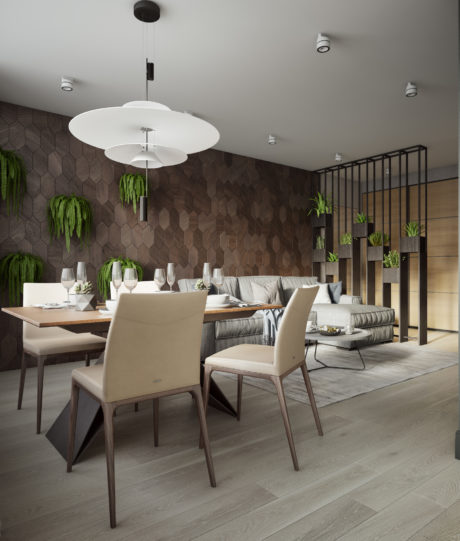 Modern dining area with white pendant light, wood and hexagon tile accents.