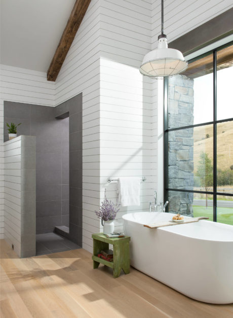 Modern bathroom with freestanding tub, glass walls, and pendant light.