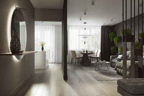 A modern, minimalist living space with clean lines, neutral tones, and lush greenery accents.