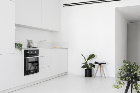 A minimalist kitchen with white cabinetry, built-in appliances, and potted plants adding greenery.