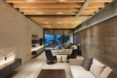 Modern living room with wooden ceiling, concrete walls, and large windows.