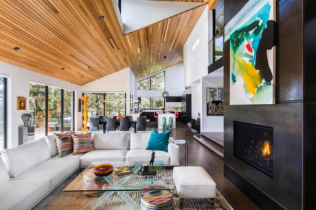 Contemporary living room with slanted wooden ceiling and fireplace.