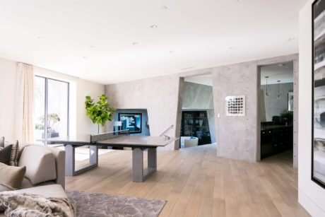 Contemporary open-plan living space with sleek furnishings and concrete accents.