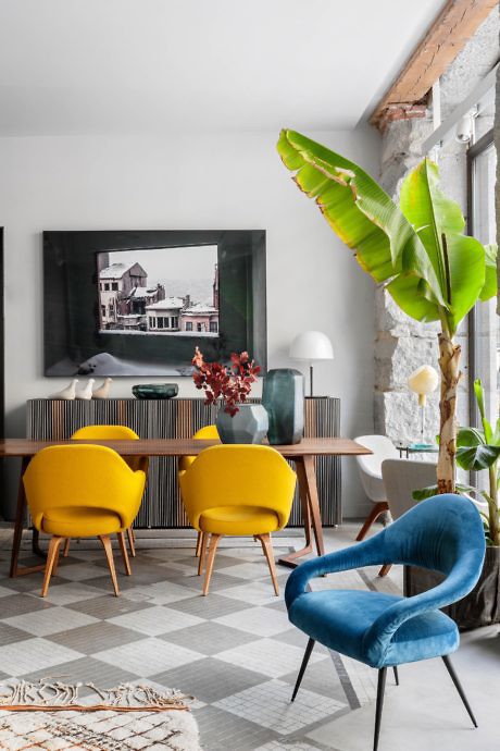 Modern room with yellow chairs, a blue armchair, a large plant, and