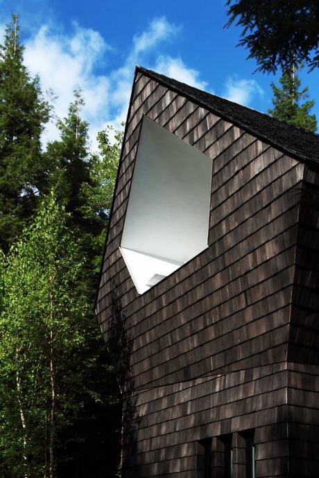 Contemporary angled building facade with a unique window, nestled in a forest.
