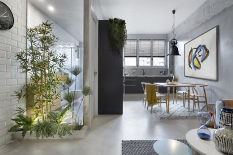 Modern dining room with eclectic decor and indoor plants.