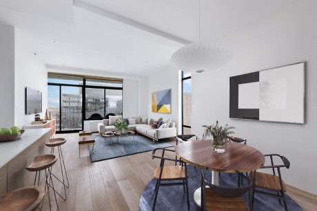 Contemporary apartment interior with open-plan living space.