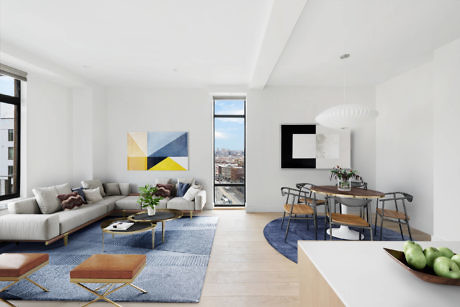 Modern living room interior with city view, sectional sofa, dining area, and artwork
