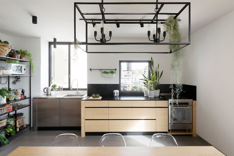 Contemporary kitchen with hanging plants and industrial-style lighting.